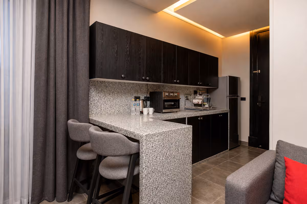 1BR Suite | Maisonette Boutique | Waterway front — Full Kitchen in First New Cairo, Egypt