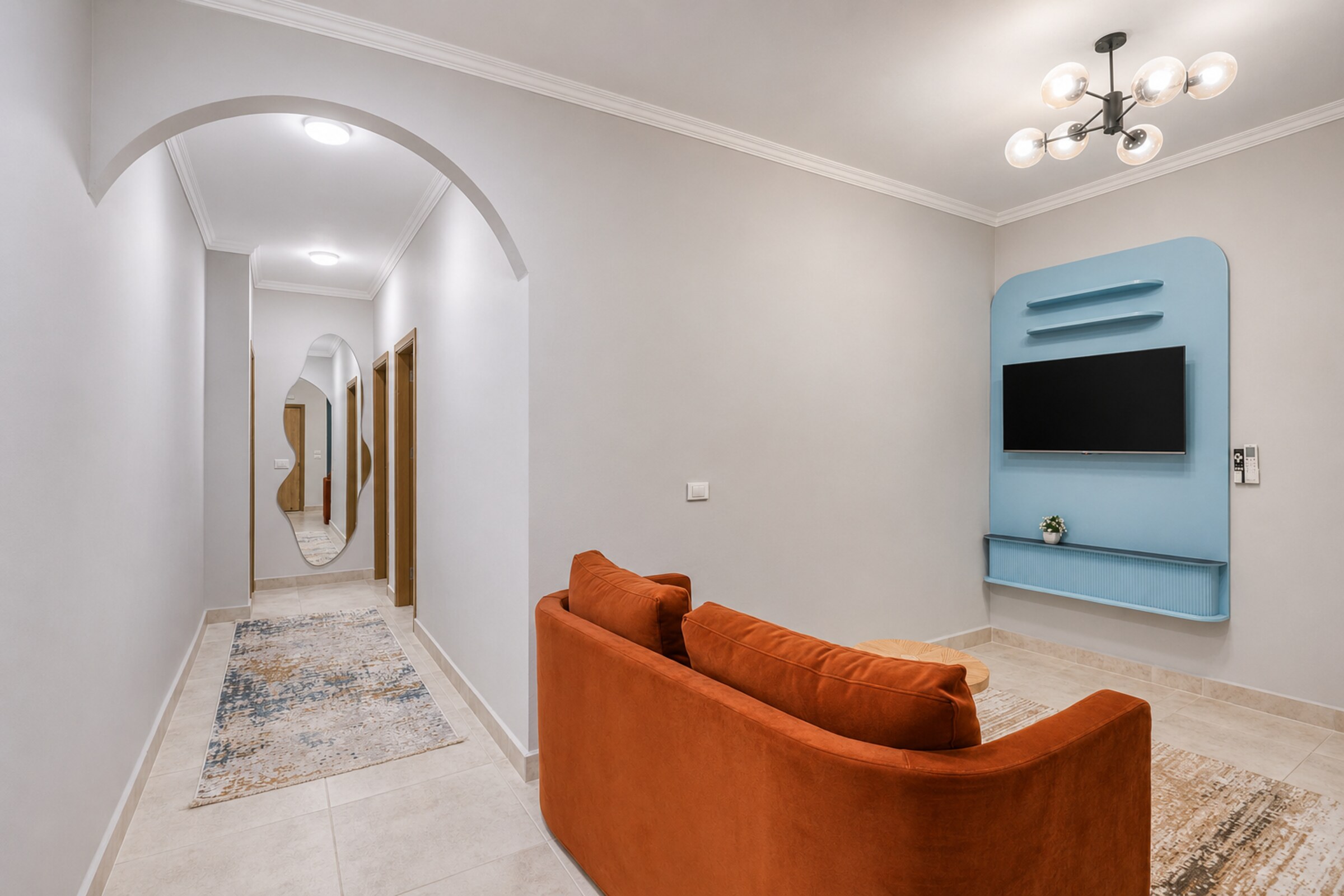 Travelholic Retro Mint 2BR Apartment | Lotus 301 — Living Room in Travelholic Residence near Mivida. Unit 301., Egypt